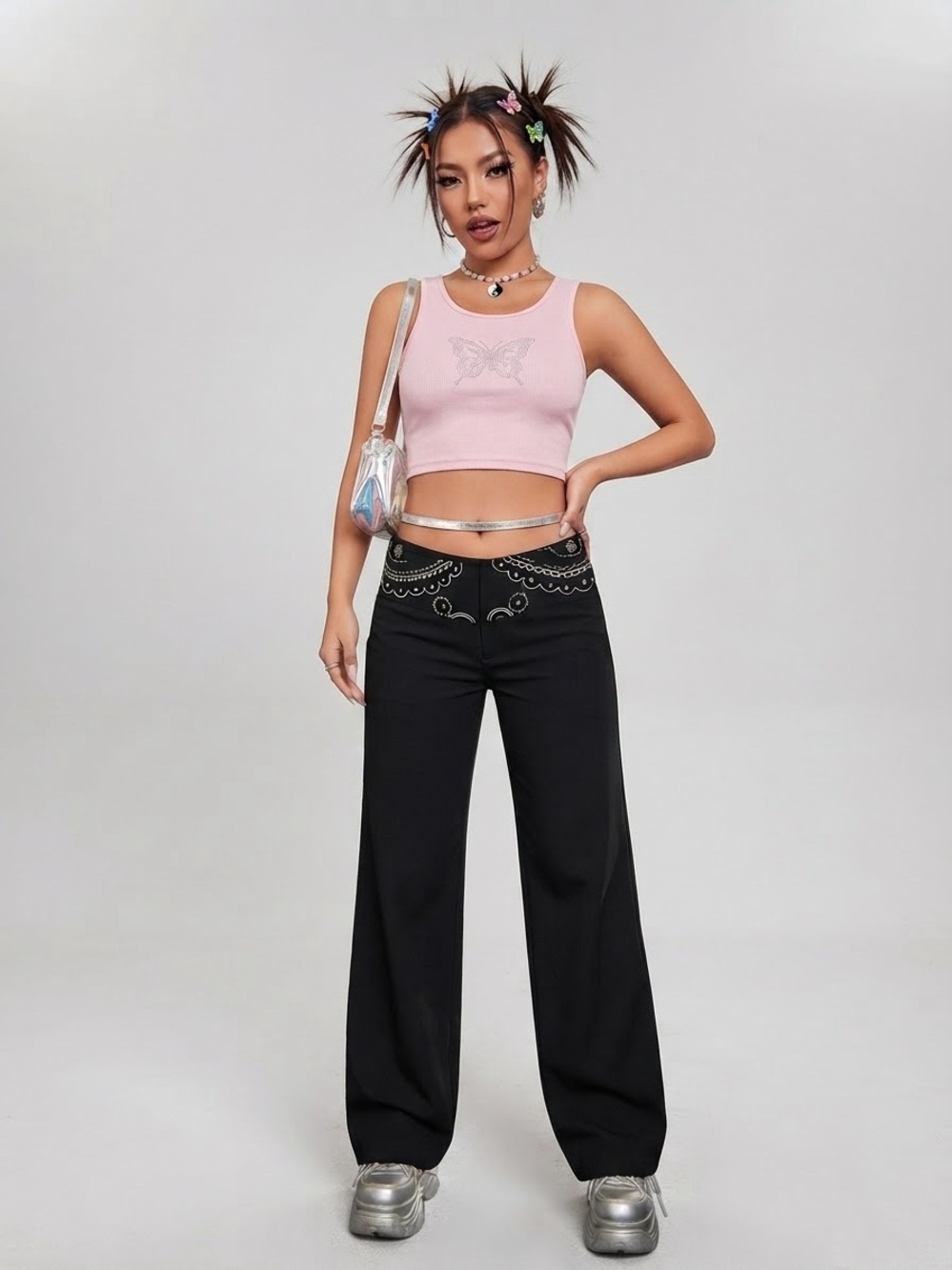 Women's Bebe’ Vintage Y2K Black Wide-Leg Pants Sequin Scallop Embroidery Pants